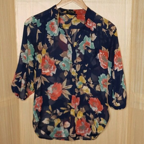 Depri Womens Blue Floral Semi Sheer Tunic Blouse Medium - Picture 1 of 7